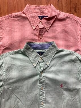 2 Ralph Lauren Cotton Stretch Long Sleeve Button Check Mens L Shirts Pink Green
